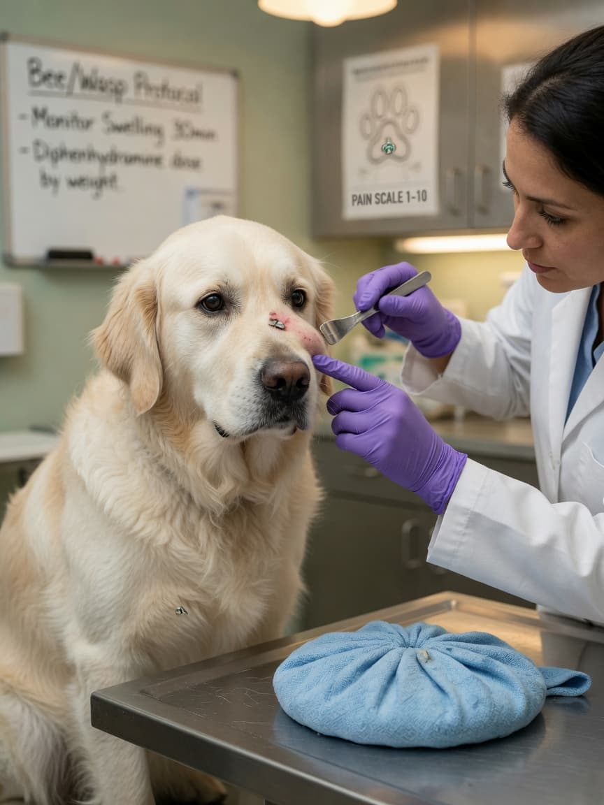 Veterinarian examining facial swelling on a golden retriever after a bee sting, with scraper tool and cool compress visible on the examination table