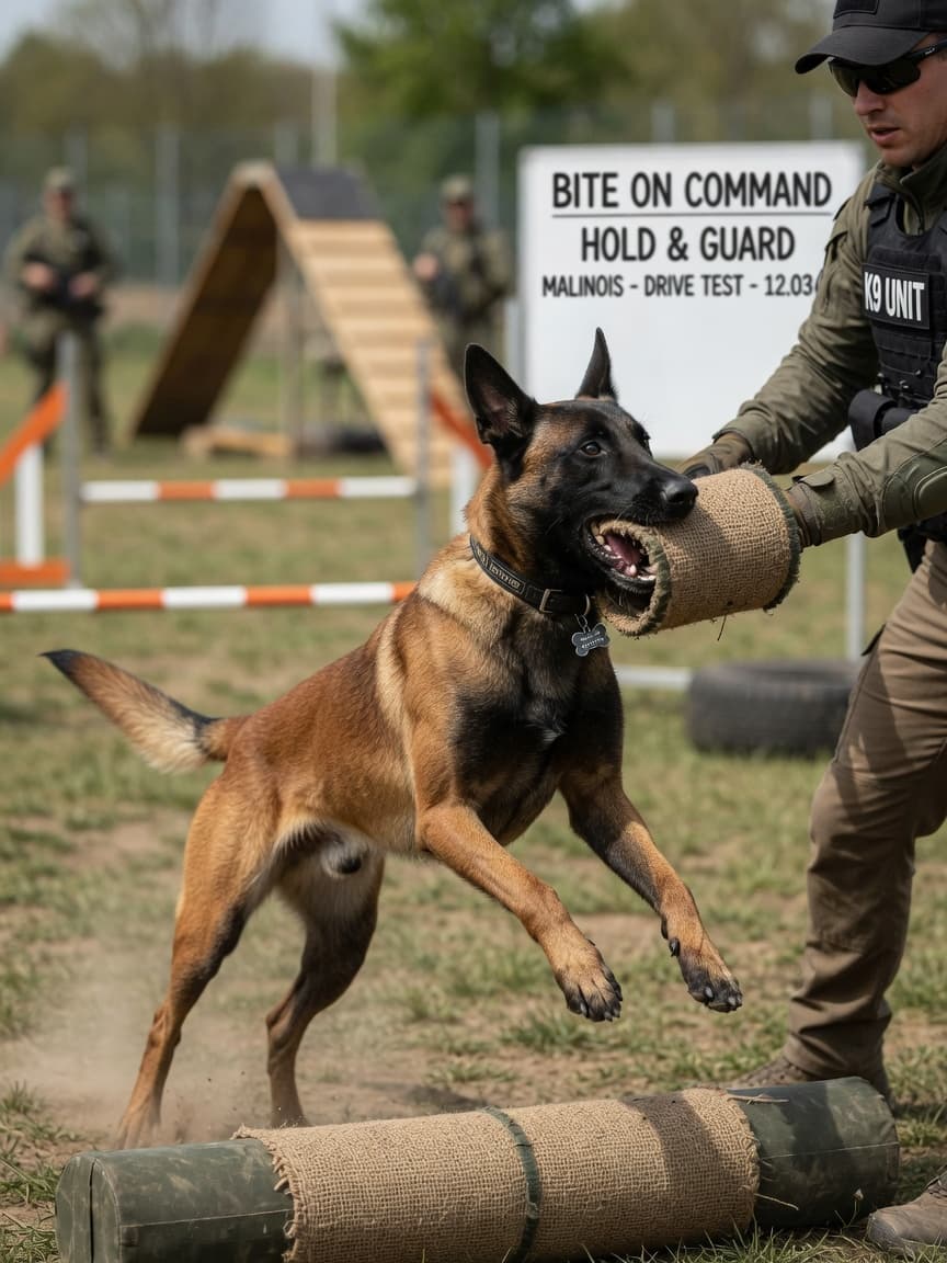 A Belgian Malinois mid-jump over an agility obstacle during police or military training, demonstrating the breed's athletic build and working drive.