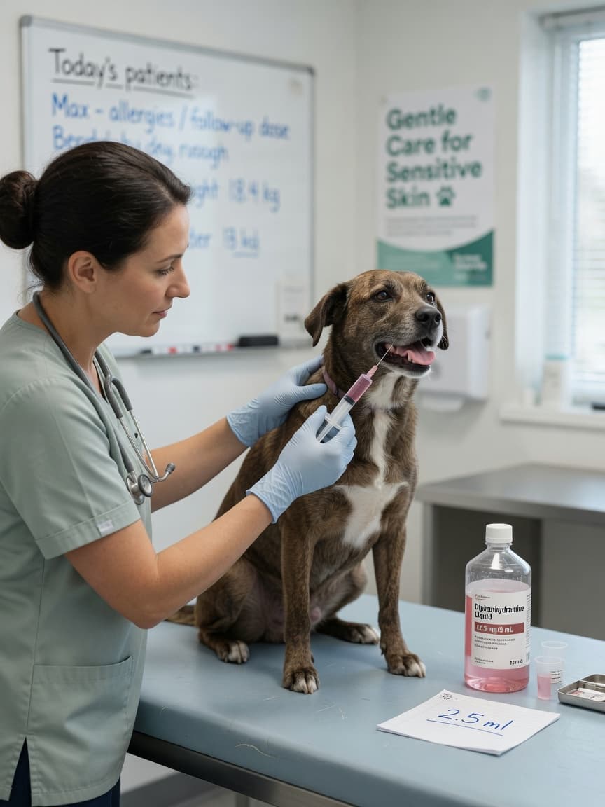 Veterinarian carefully administering liquid diphenhydramine medication to a calm dog using a syringe on an examination table