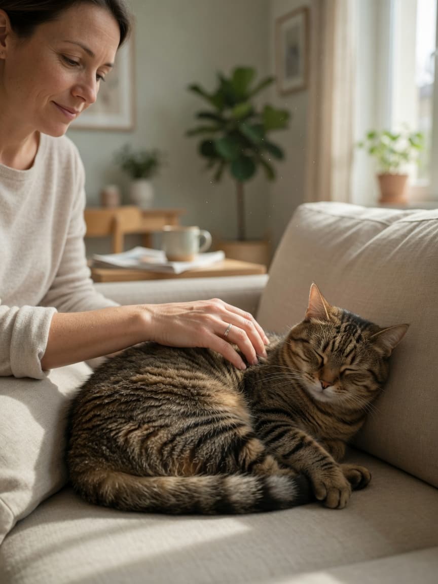 Woman stroking a content tabby cat on her lap, bathed in warm natural light, demonstrating stress-reducing tactile interaction