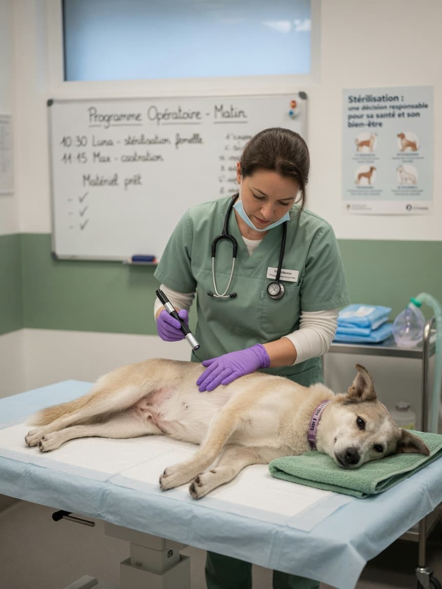 Female dog on veterinary examination table with surgeon performing pre-operative assessment in modern clinic