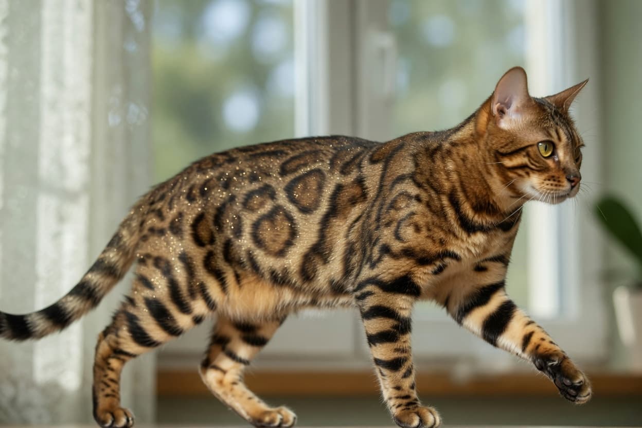 A Bengal cat in athletic pose showing muscular build, rosette spotted coat pattern, and distinctive facial features with high cheekbones and small rounded ears