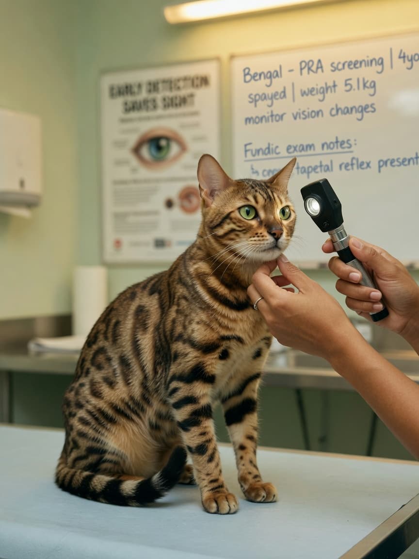 Bengal cat undergoing eye examination at veterinary clinic