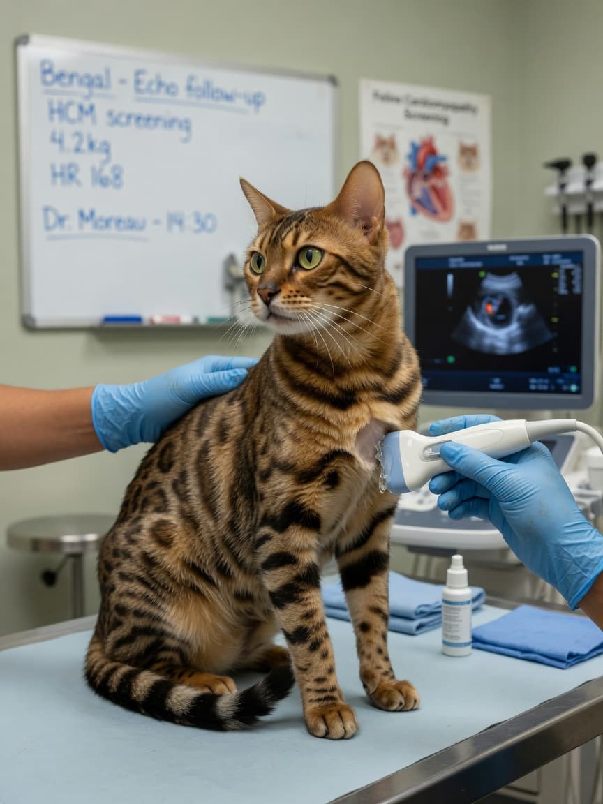 Bengal cat undergoing echocardiogram cardiac screening at veterinary clinic