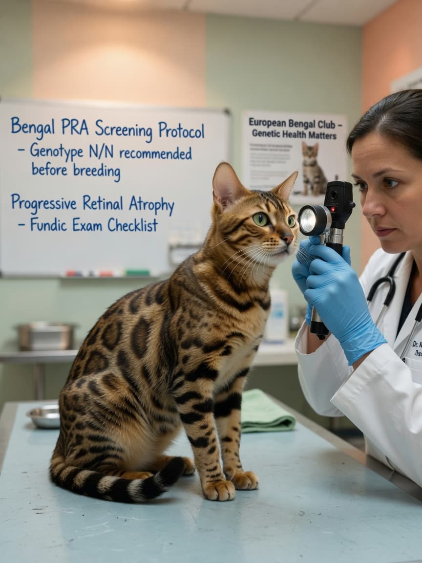 Bengal cat undergoing eye examination by veterinarian to screen for PRA-b genetic condition