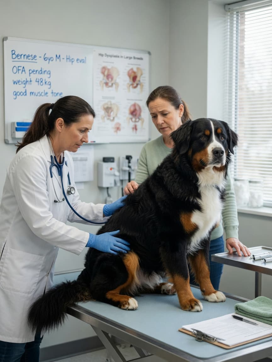 Bernese Mountain Dog undergoing veterinary hip examination for joint disease assessment