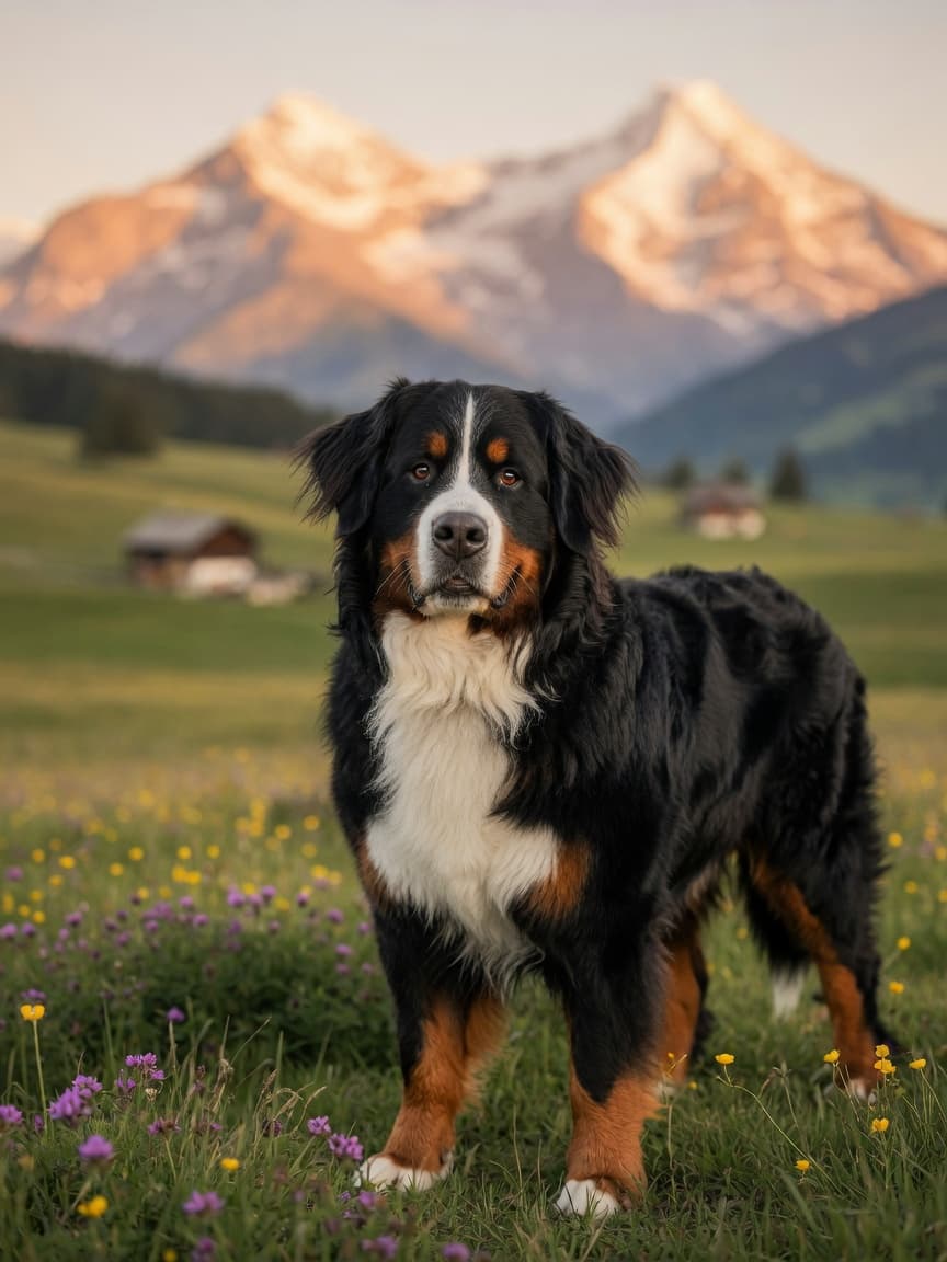 A Bernese Mountain Dog with black, white, and rust tricolour coat standing in an alpine meadow during golden hour