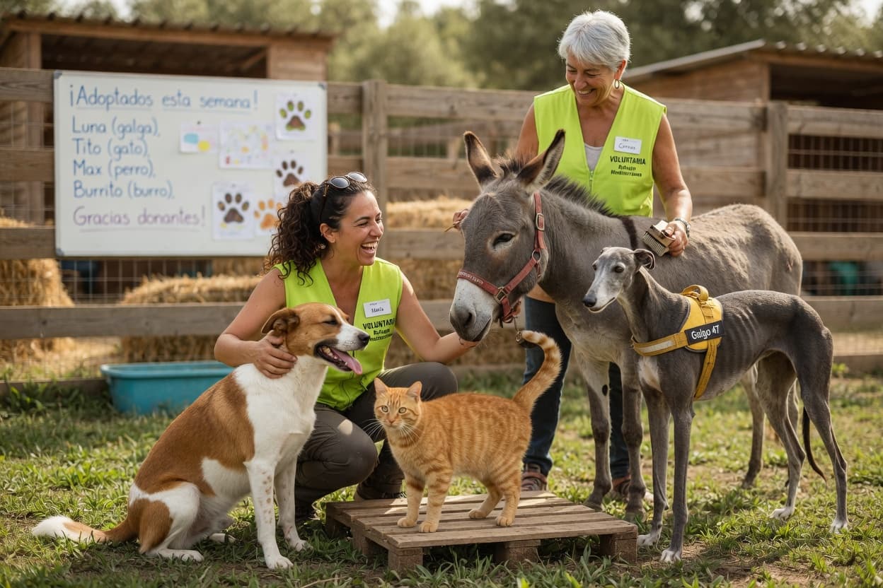 Rescued dogs, cats, donkey and galgo at a Spanish animal shelter with volunteer staff in an outdoor enclosure on a sunny day
