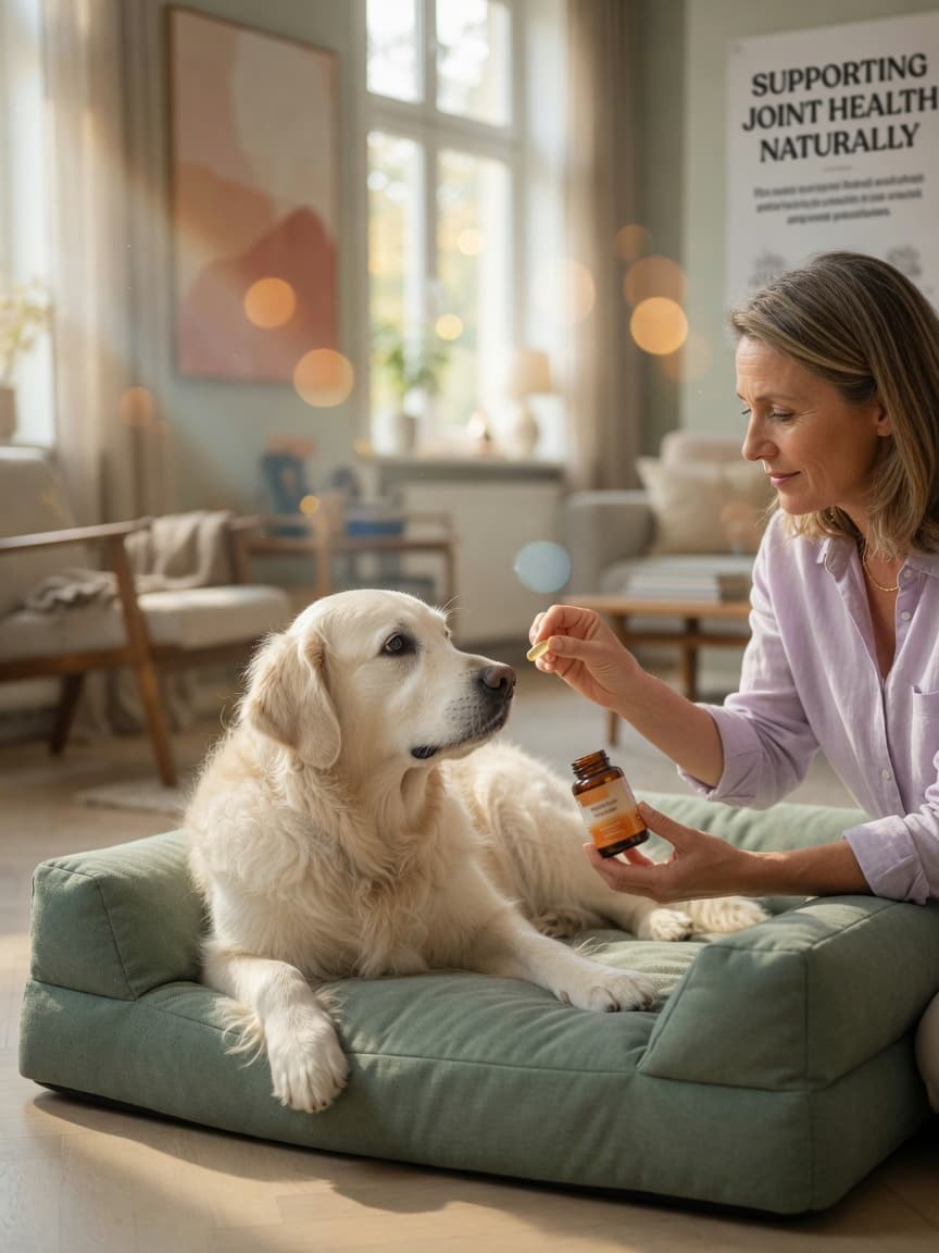 Golden Retriever on orthopedic bed with owner offering anti-inflammatory supplement in warm home setting