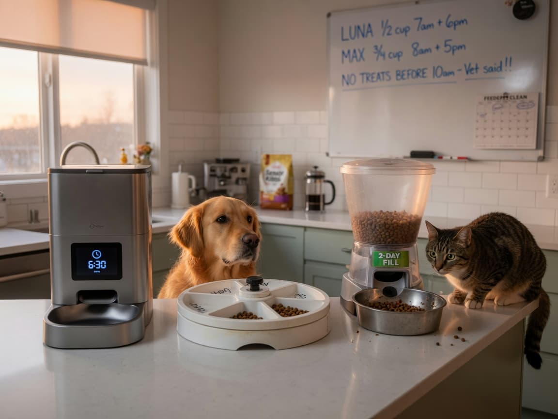 Collection of automatic pet feeders displayed on a kitchen counter with a golden retriever and tabby cat watching attentively in morning sunlight