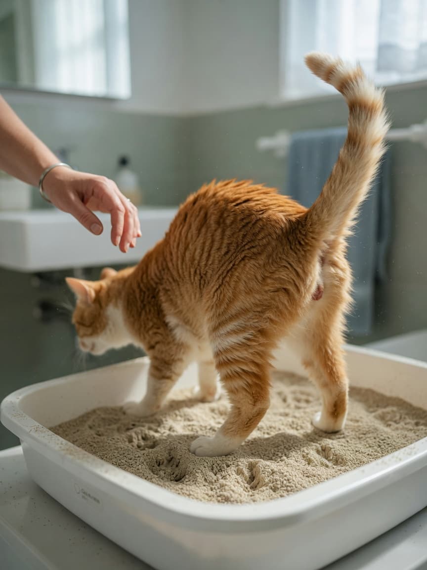A cat straining in a litter box showing signs of urinary distress, with an owner's concerned hand nearby