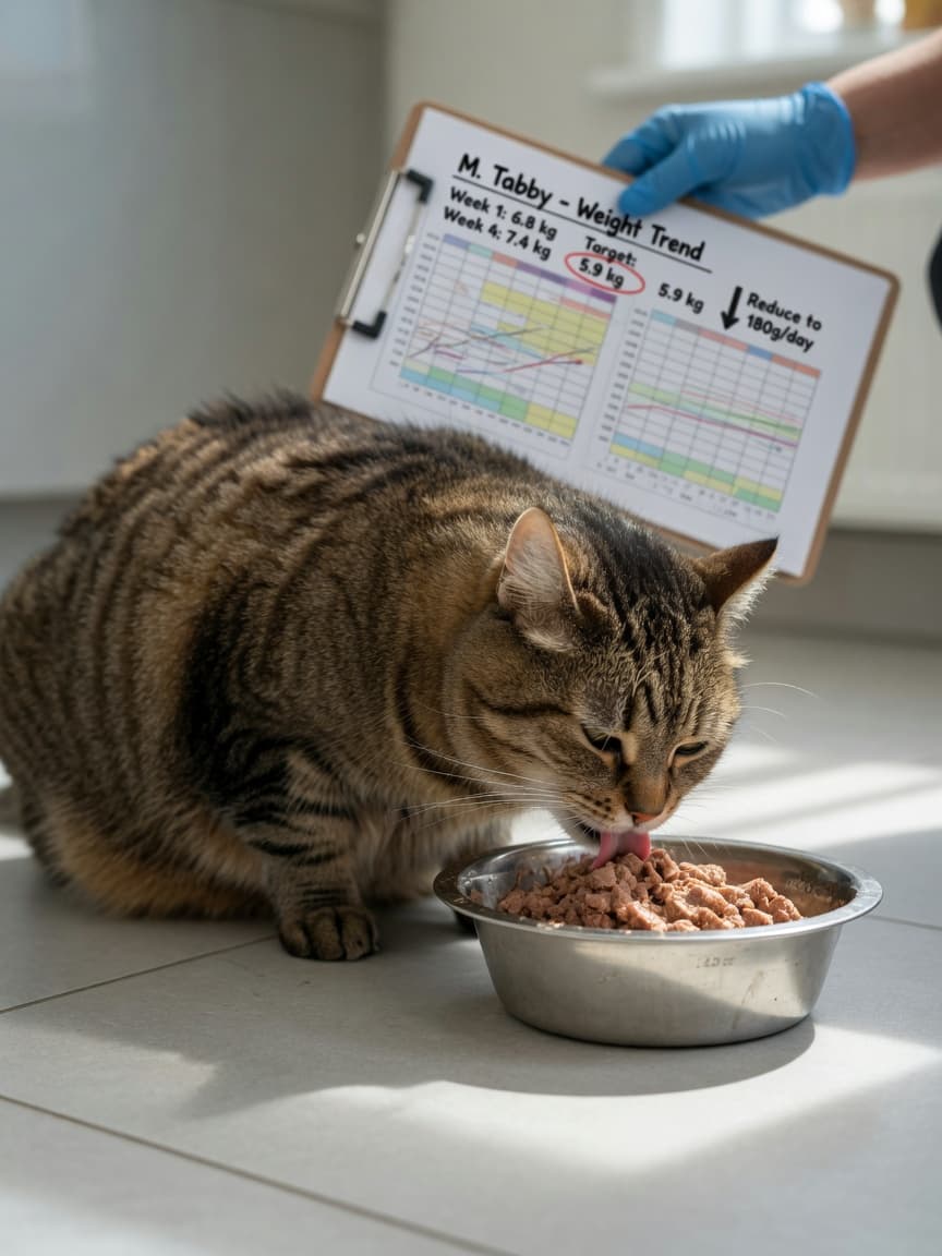 Overweight tabby cat eating measured portion of wet food from a bowl on kitchen floor with veterinarian observing in background
