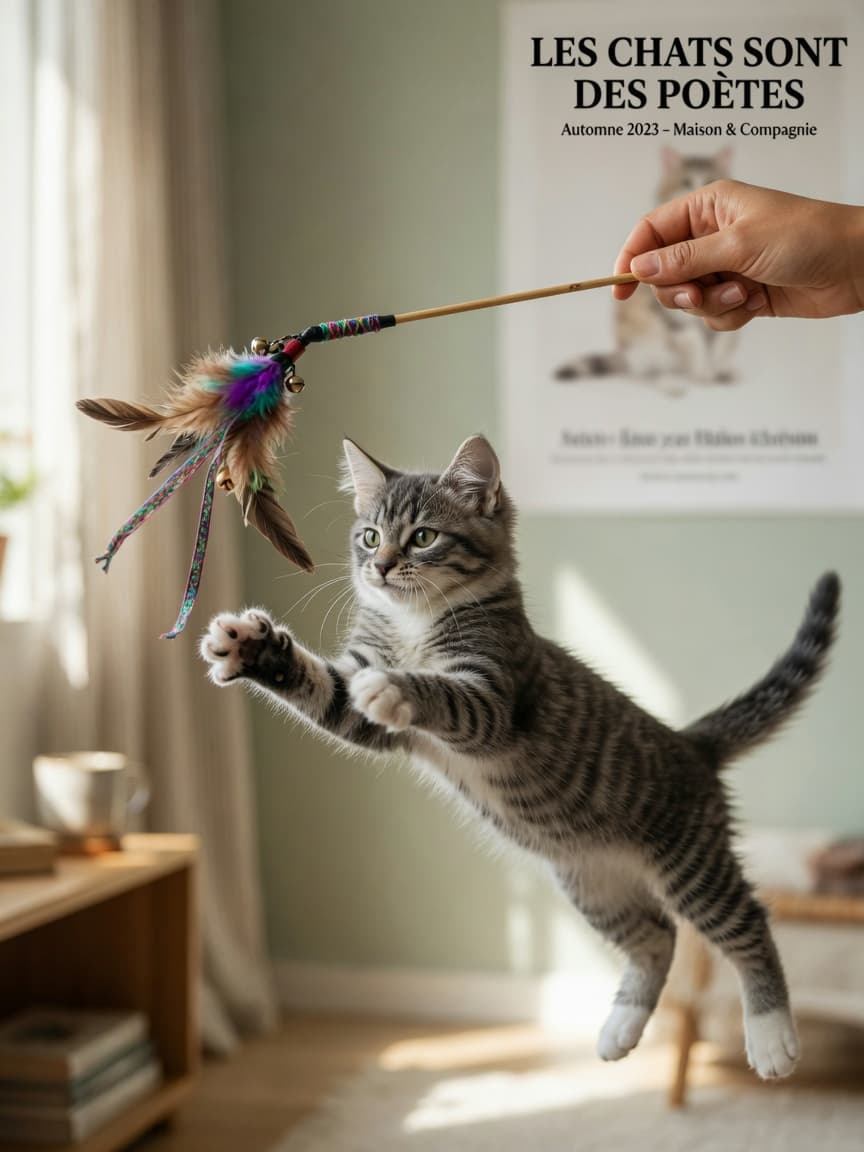 Tabby kitten pouncing on a feather wand toy during interactive play with human handler
