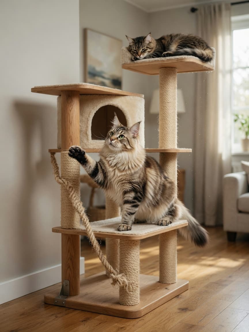 Maine Coon cat climbing a tall wooden cat tree with sisal rope posts, demonstrating vertical climbing behavior and tree stability in a modern apartment.