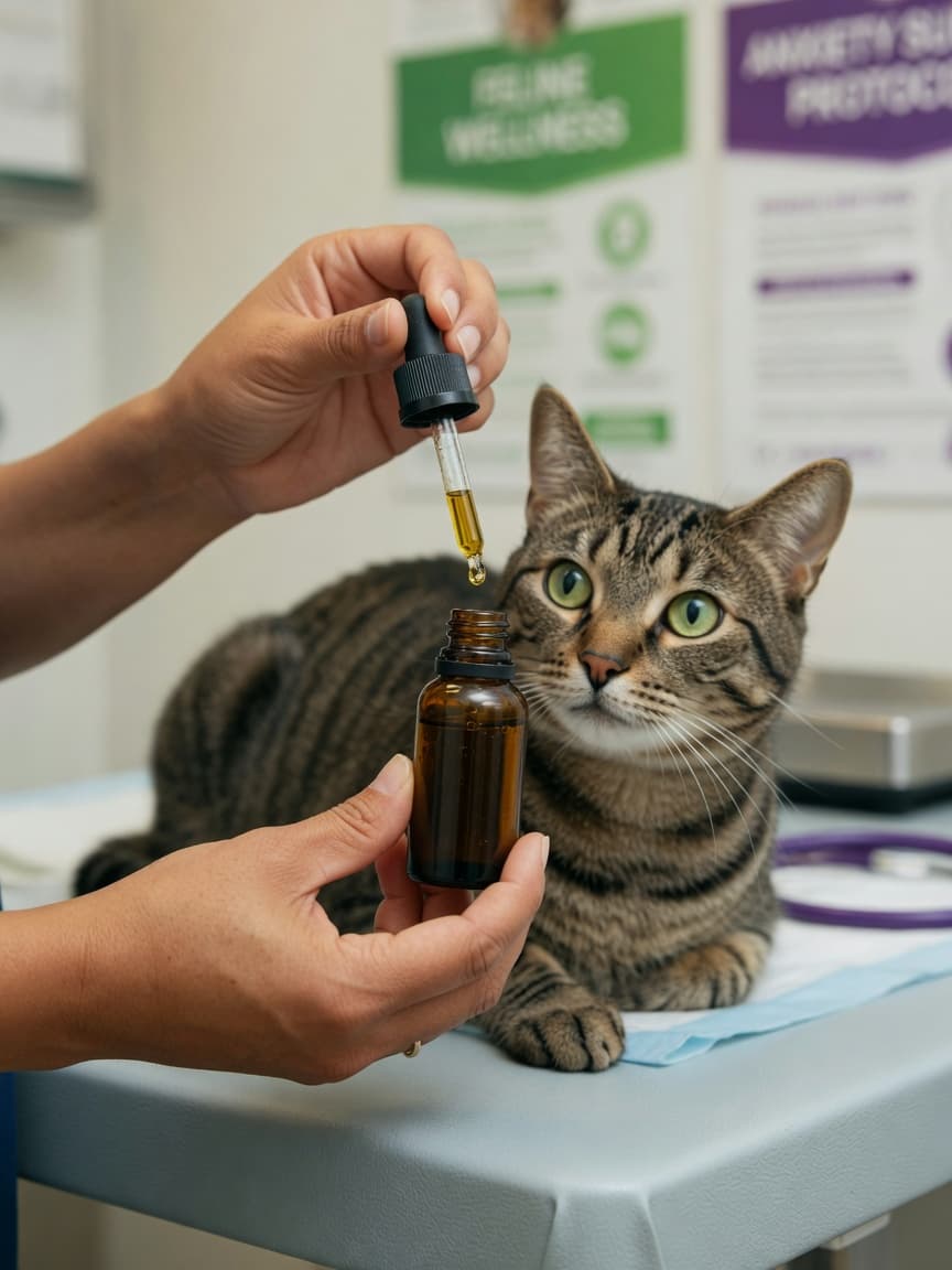 Veterinarian holding an amber CBD oil dropper bottle above a calm tabby cat on an examination table, demonstrating safe dosing administration