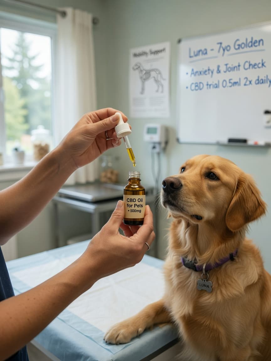 Veterinarian administering CBD oil to a calm golden retriever during a professional consultation