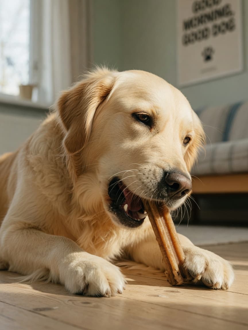 Golden retriever actively chewing on a dental treat on a wooden floor with natural window lighting