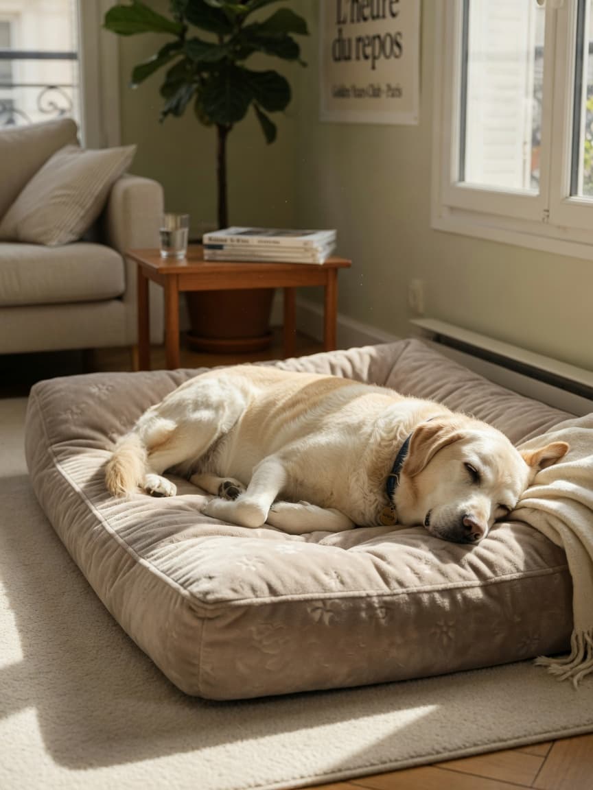 Senior golden retriever resting on an orthopedic memory foam dog bed in natural window light