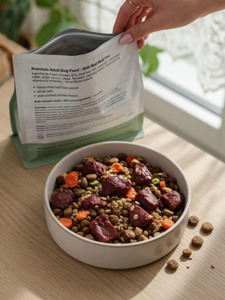 Close-up of premium dog food bowl with named meat pieces and whole ingredients, with owner holding quality food bag in soft natural light