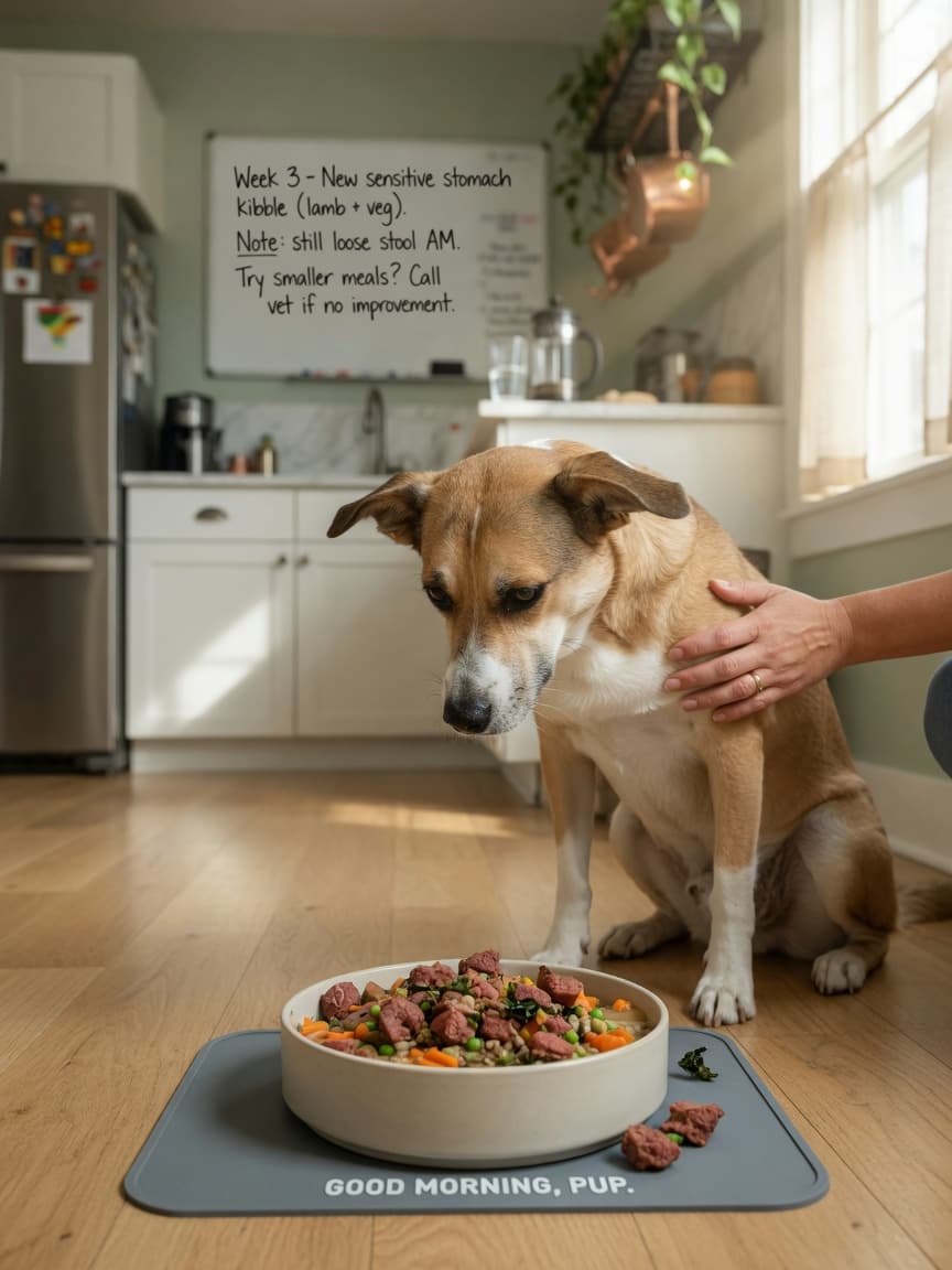 Dog with sensitive stomach eating specialized food from bowl with owner's supportive hand on its back in bright kitchen