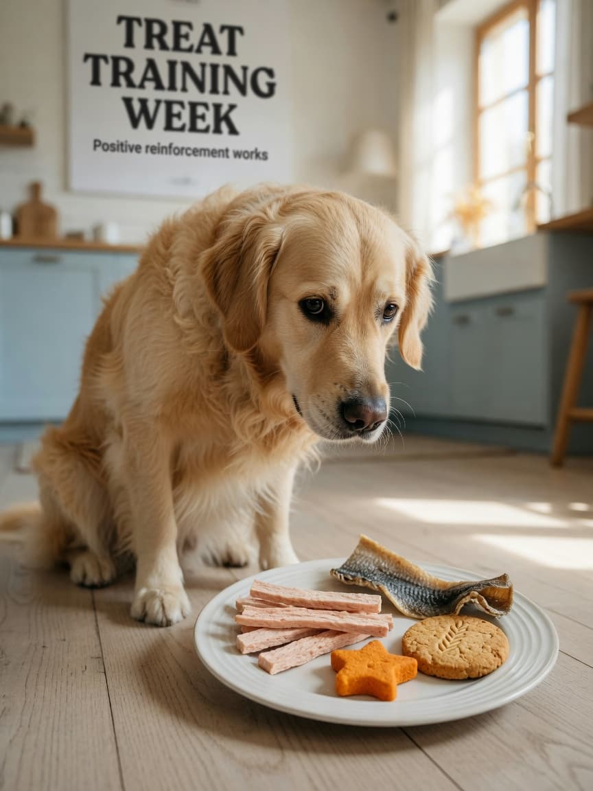 Golden Retriever looking eagerly at a selection of different dog treats arranged on a white plate