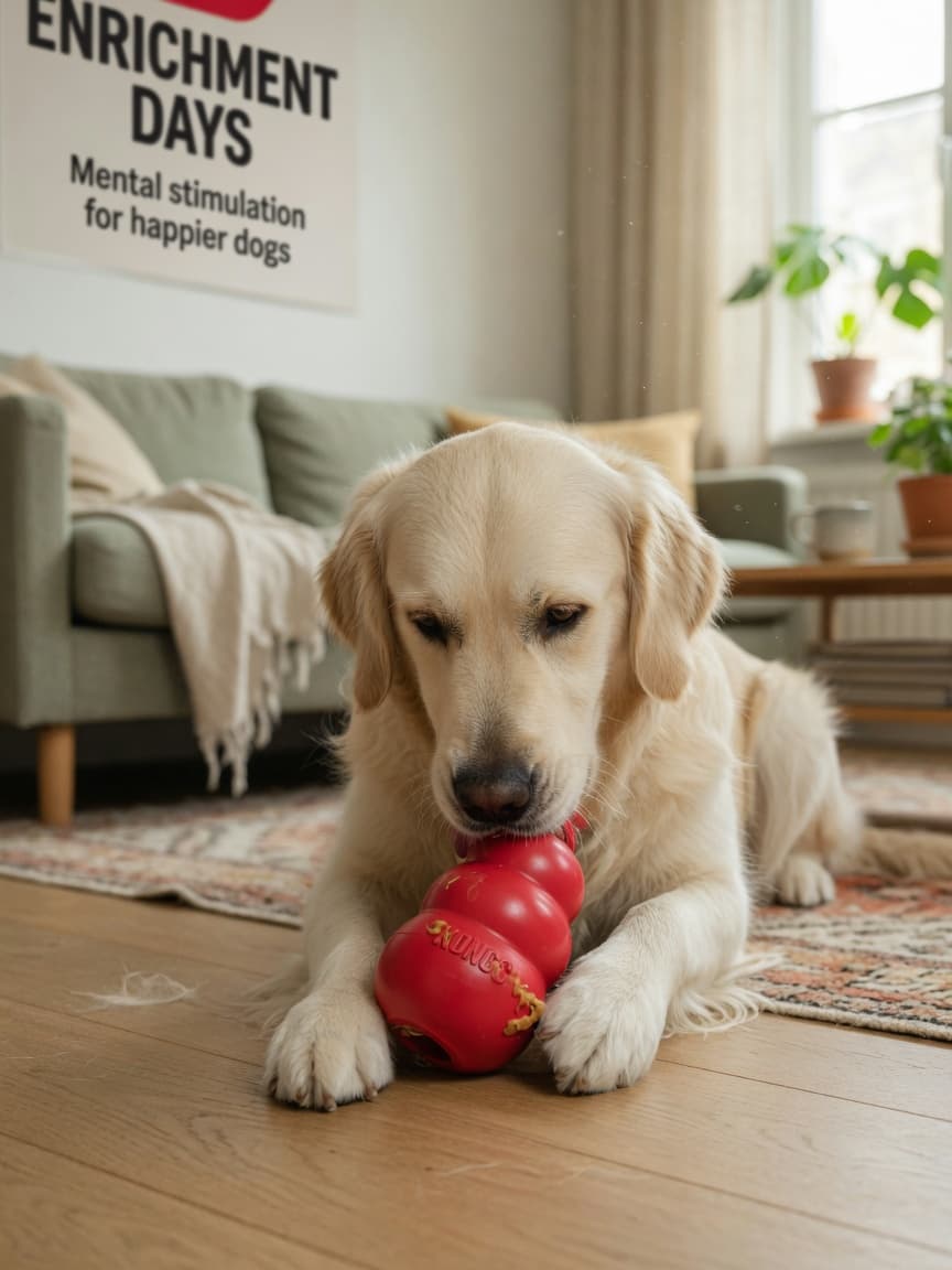 Golden retriever engaged with a red KONG toy on living room floor, demonstrating mental enrichment and focus