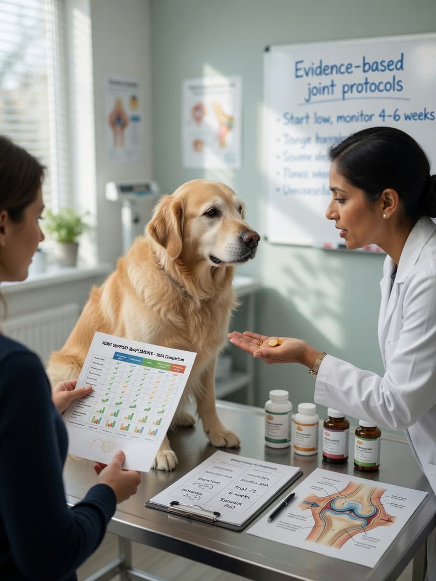 Veterinarian discussing joint supplement options with dog owner, holding supplement capsules during clinical consultation