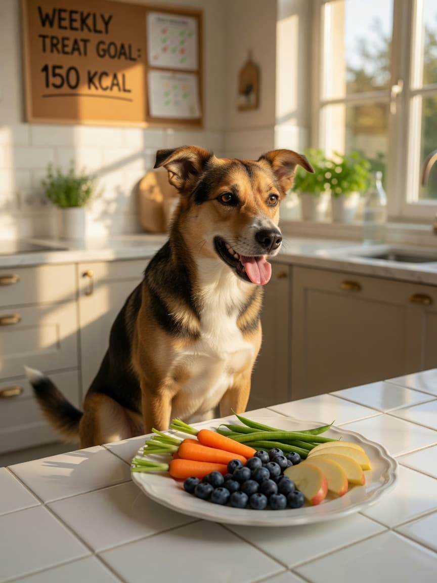 Happy dog with low-calorie fresh vegetable treats on a kitchen plate