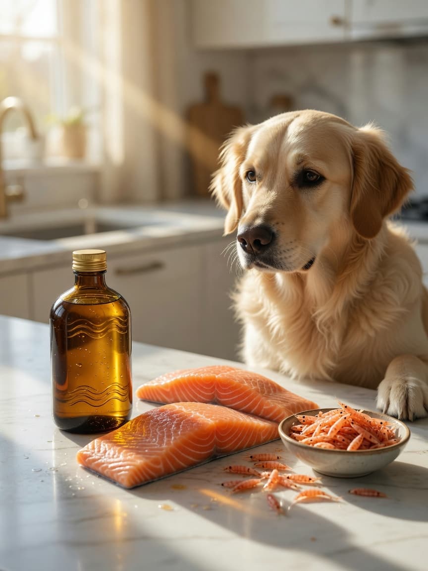 Golden Retriever watching fish oil supplements and fresh salmon on a kitchen counter in natural light