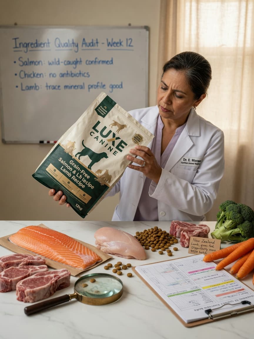 Animal nutritionist examining premium pet food ingredients and kibble under natural light