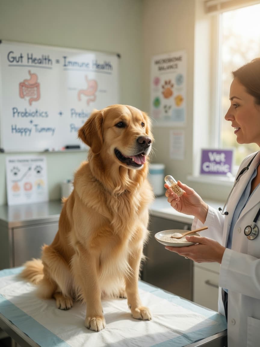 Veterinarian educating pet owner about probiotic capsule and prebiotic powder for golden retriever digestive health