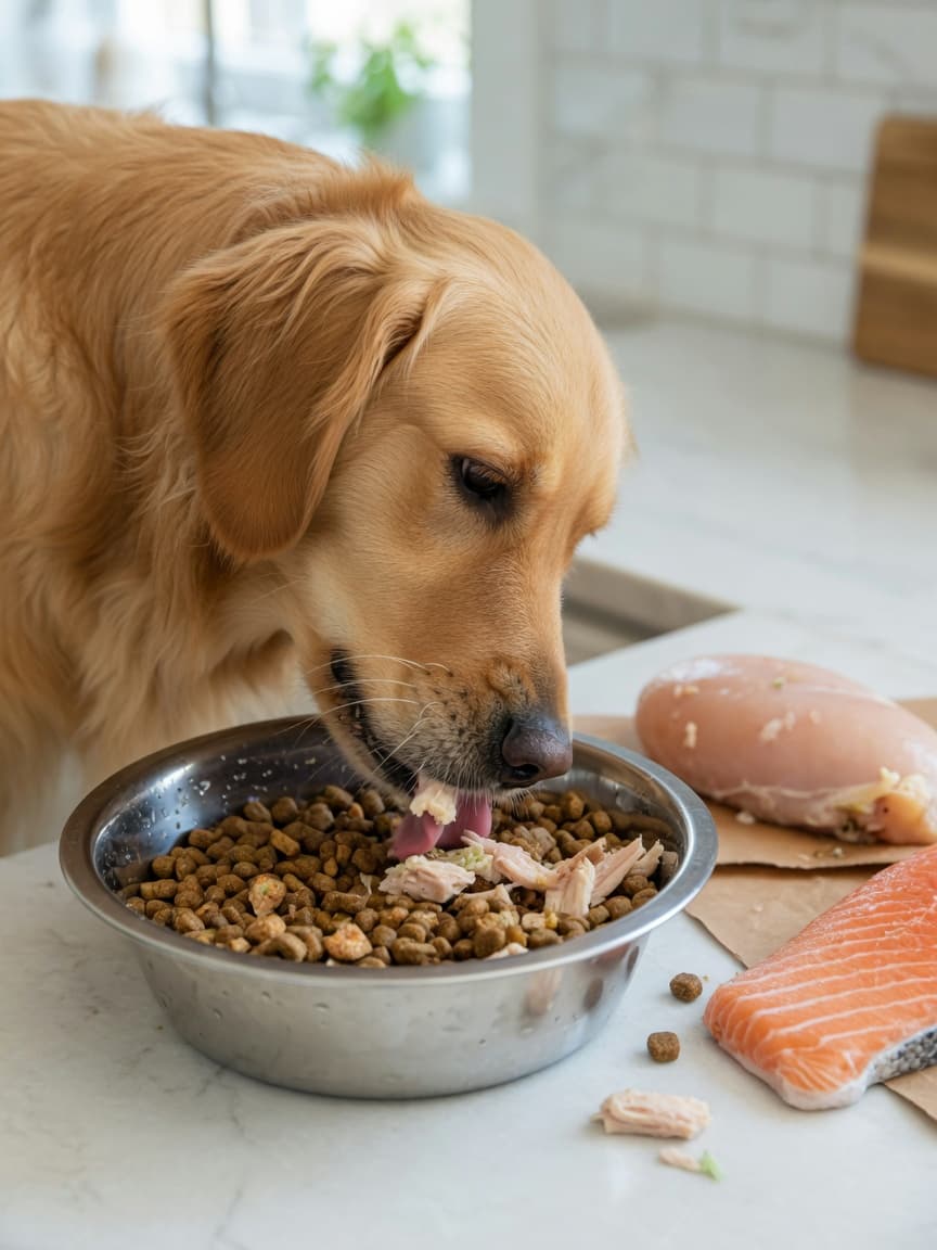 Golden retriever eating high-protein dog food with fresh chicken and salmon visible on kitchen counter