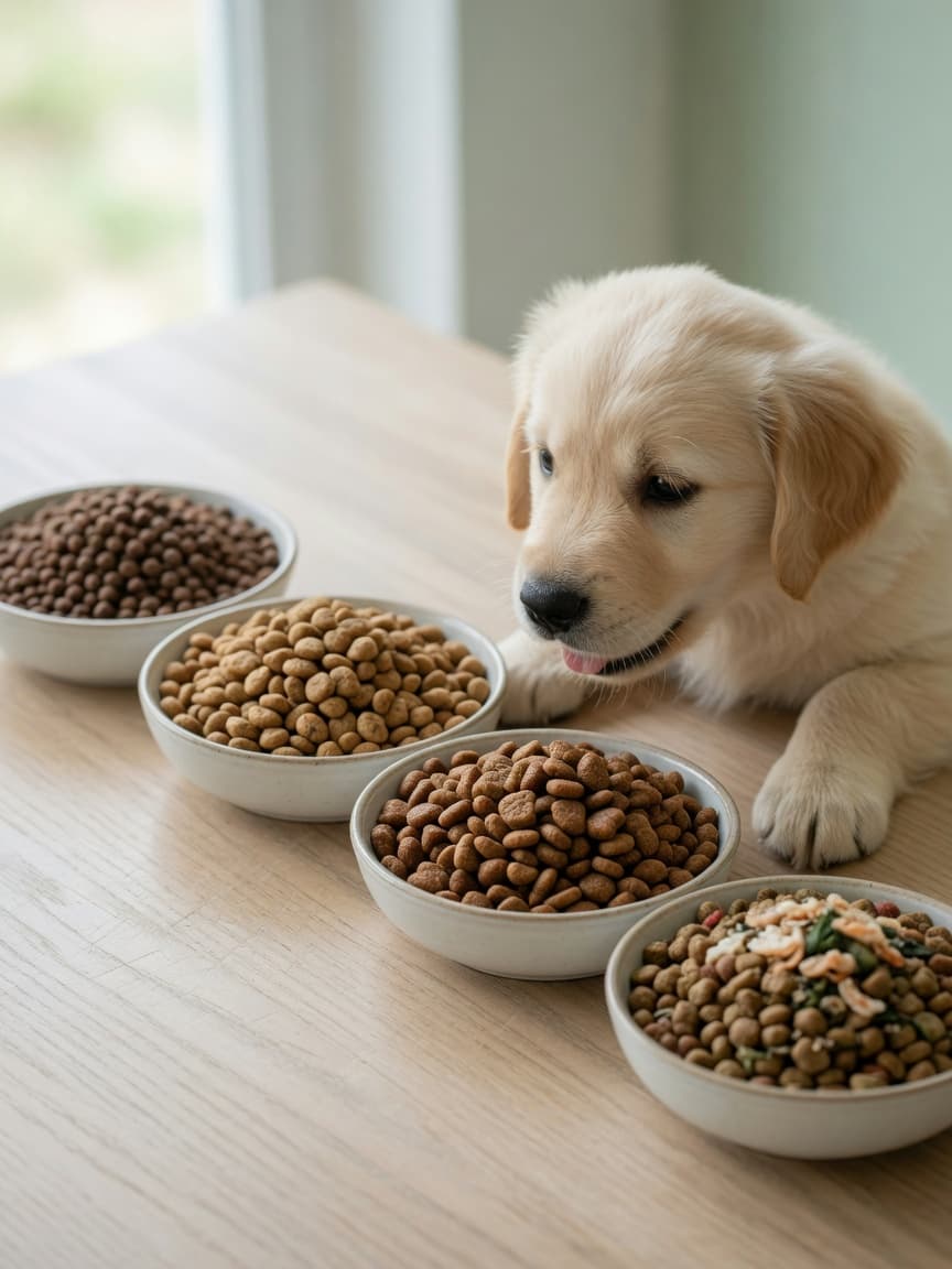Comparison of four different puppy kibble bowls with a curious Golden Retriever puppy examining them