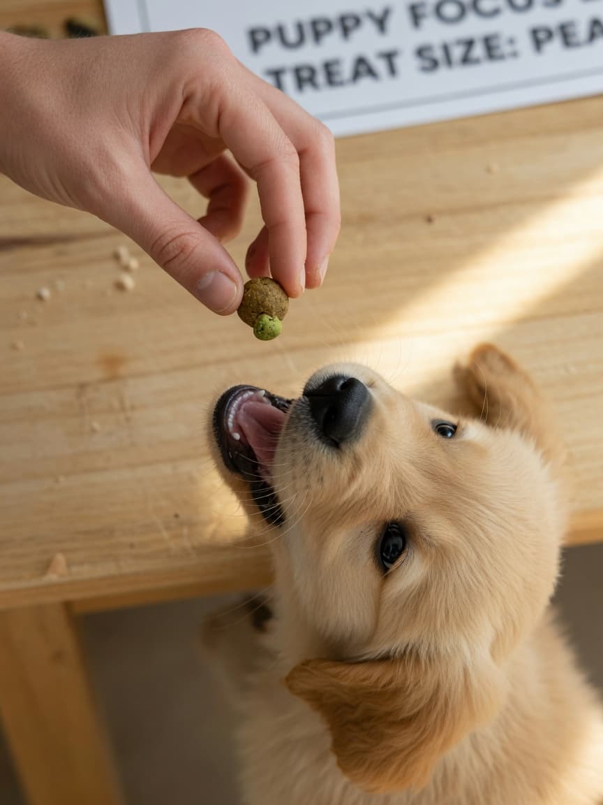 Trainer's hand offering a pea-sized soft treat to an 8-week-old Golden Retriever puppy during a training session