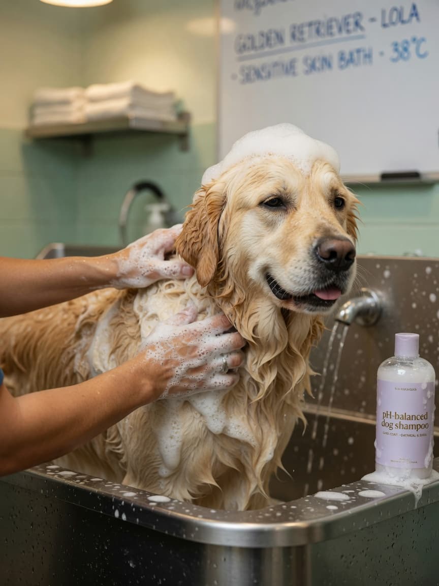 Groomer bathing a Golden Retriever with dog shampoo in a professional tub