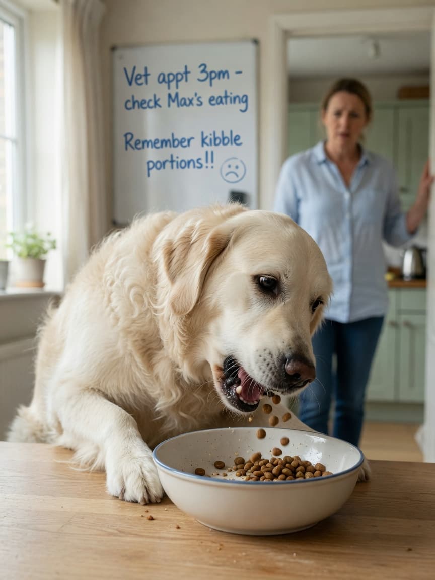 Golden Retriever eating rapidly from a flat bowl with kibble falling, owner watching from kitchen doorway