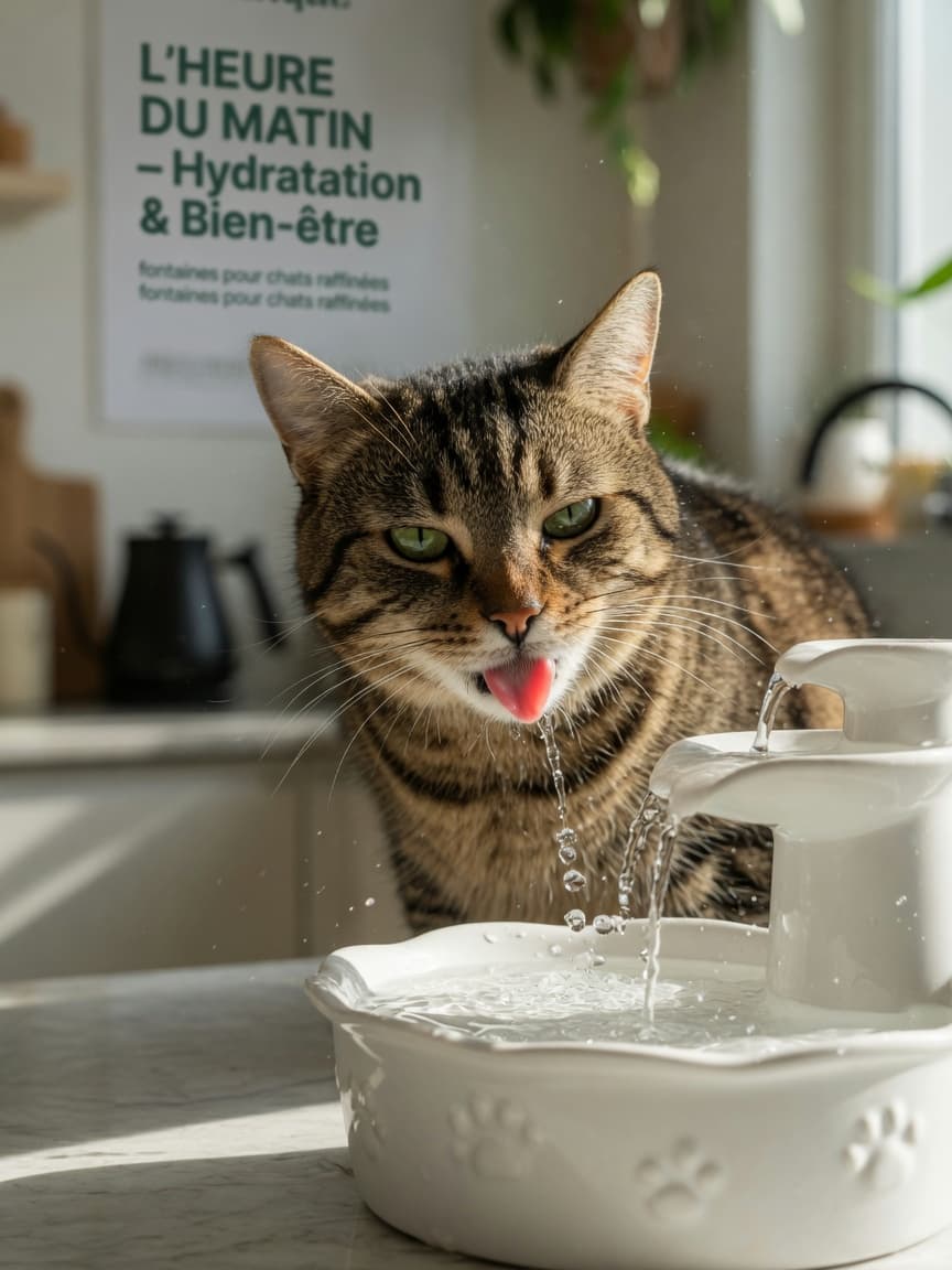Tabby cat drinking from a flowing ceramic water fountain in a kitchen, with cascading water visible and natural morning light