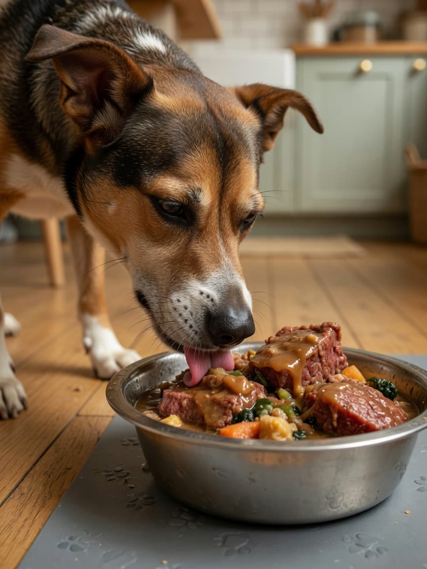 Dog eating moist, chunky wet dog food from a bowl with genuine appetite and focus