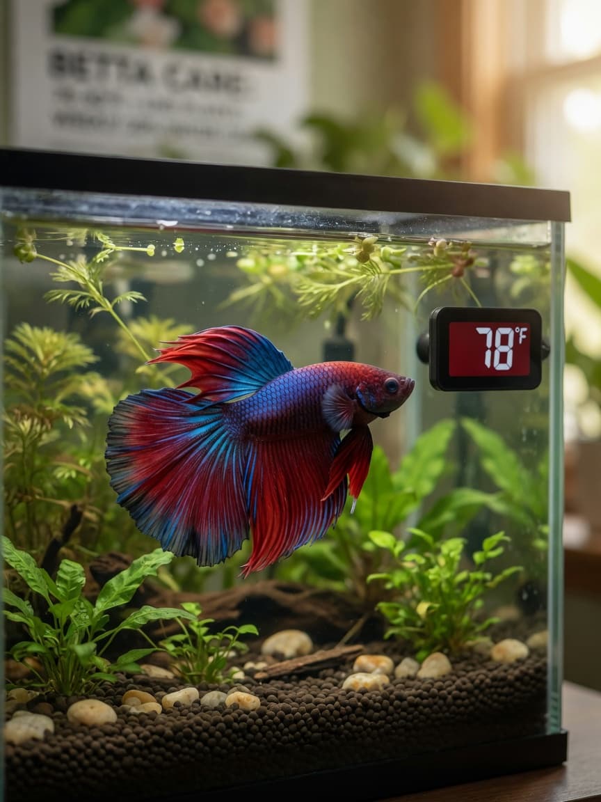 A male betta fish with deep red and blue fins swimming in a properly sized 5-gallon aquarium with live plants and warm lighting