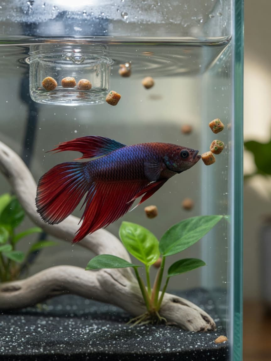 A crimson-red male betta fish with flared fins eating high-protein pellets inside a clean aquarium with soft lighting