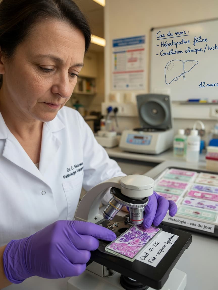 Veterinary pathologist examining a tissue biopsy sample under a microscope in a professional laboratory setting