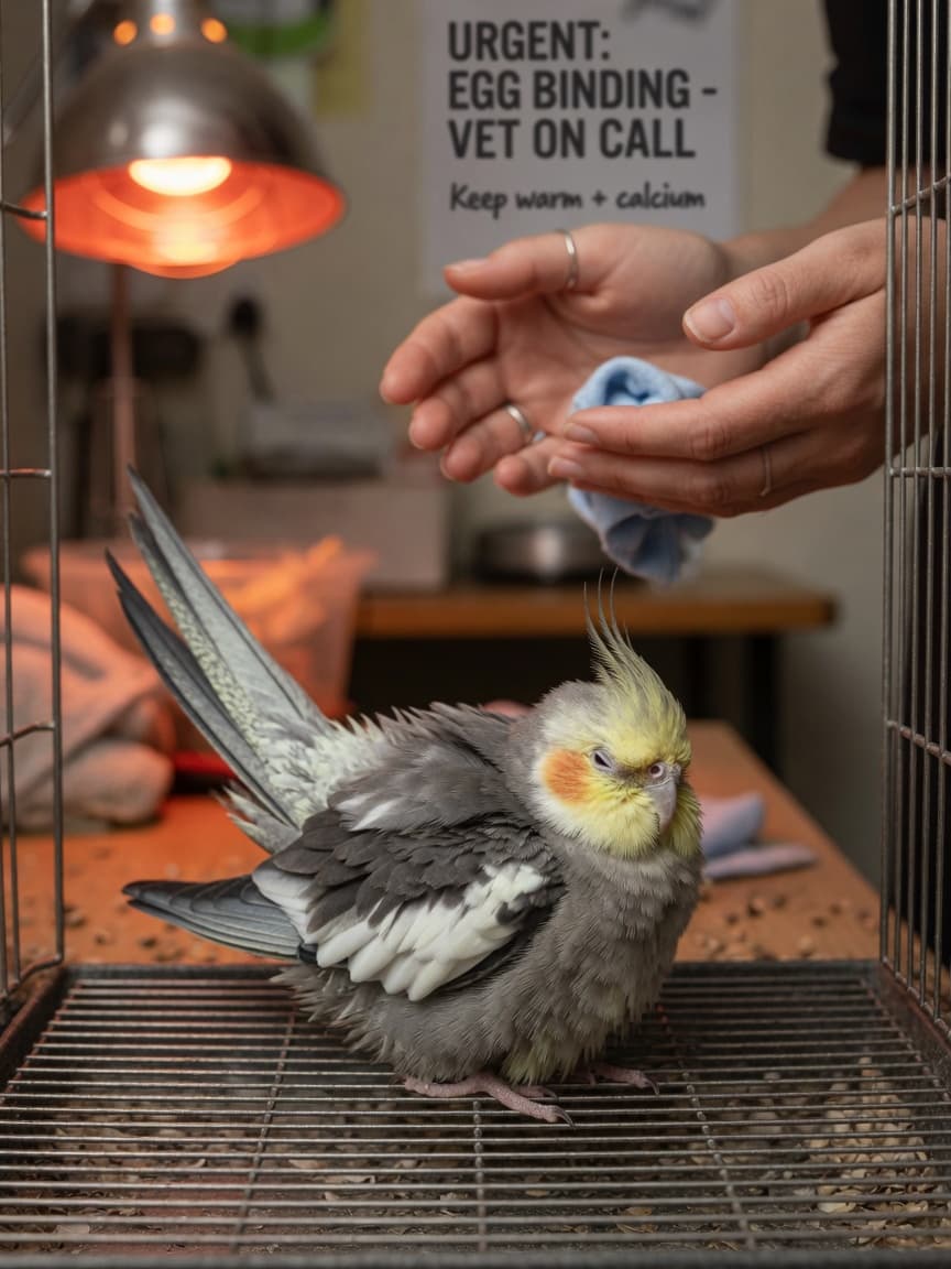 Female cockatiel showing egg binding distress signs on cage floor with owner's hands nearby and heat lamp glowing in background