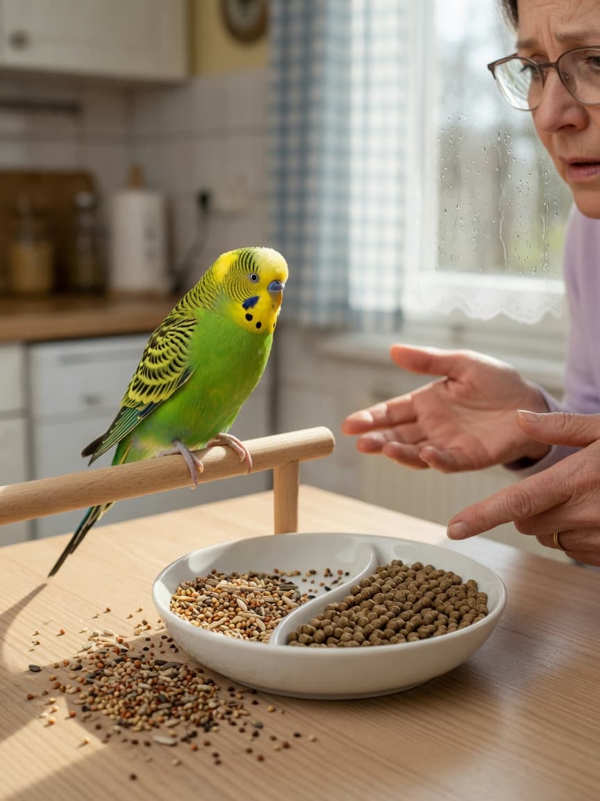 Budgerigar examining a mix of seeds and pellets in a bowl, symbolizing the dietary choice between seed-only and formulated nutrition