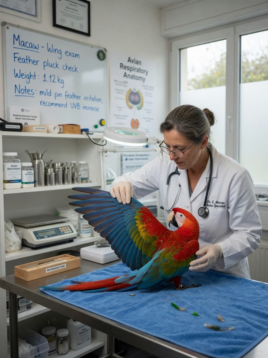 An avian veterinarian in a white coat examines a colorful parrot on an examination table in a bright, modern clinic room