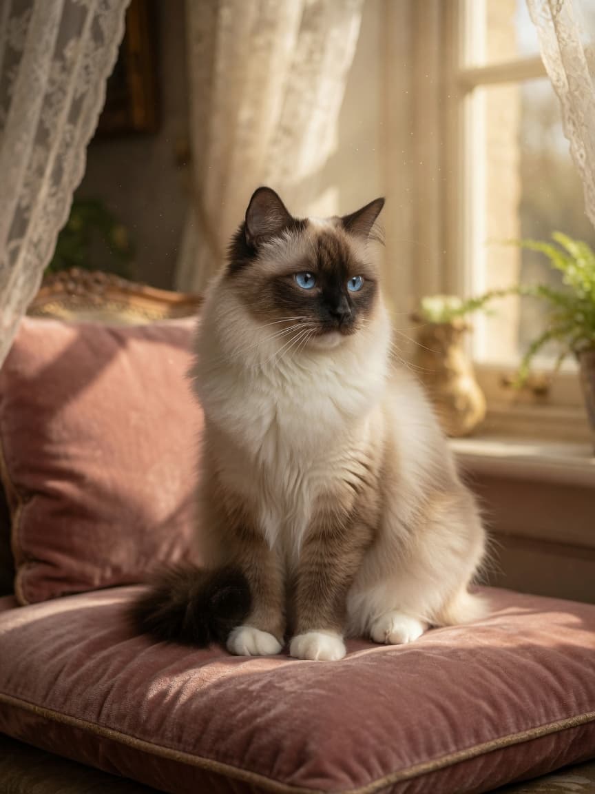 A graceful Birman cat with blue eyes and colorpoint markings sitting on a velvet cushion in natural window light