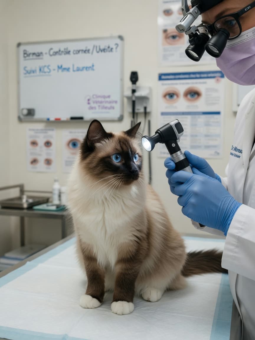 Birman cat with blue eyes undergoing veterinary eye examination for corneal dermoids at a clinic