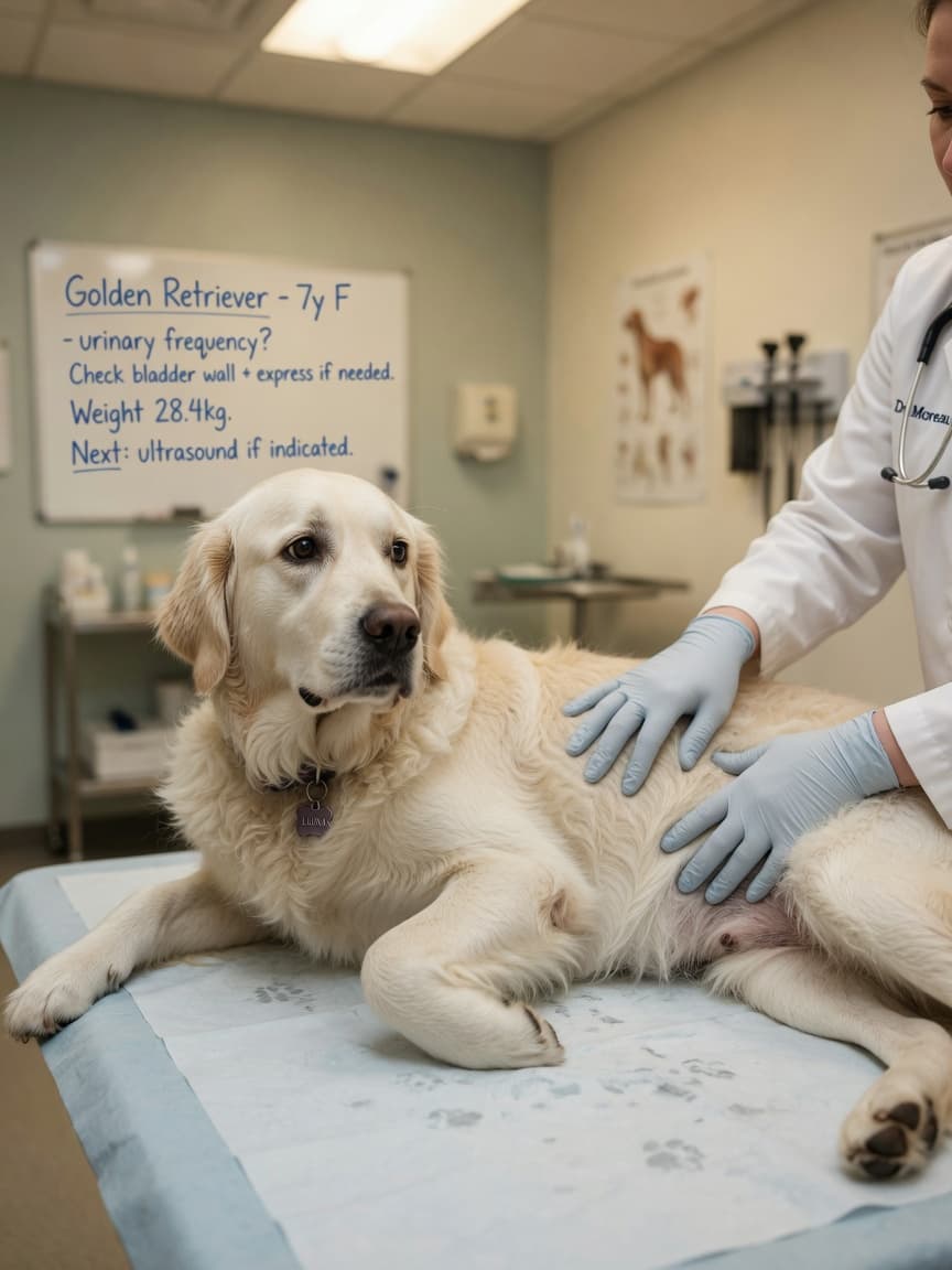 Veterinarian performing abdominal palpation on a Golden Retriever to check for bladder stones