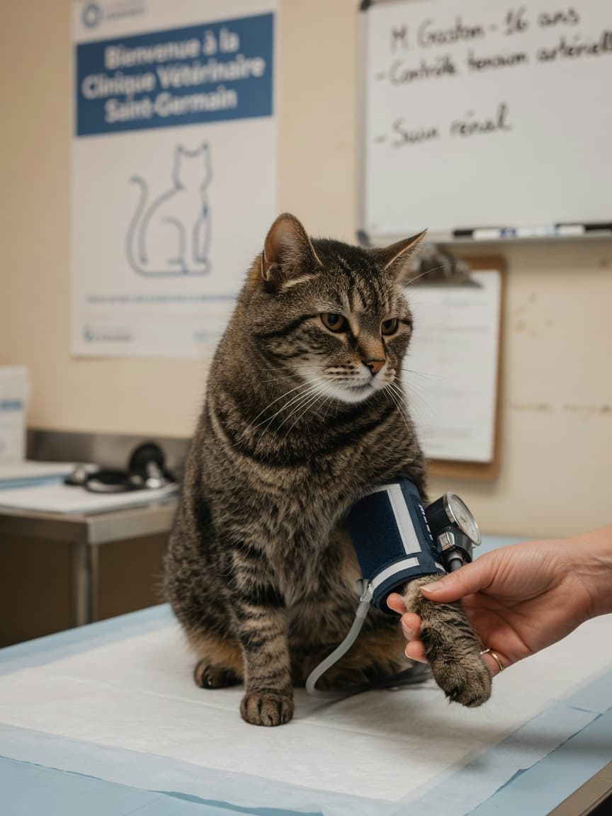 Senior tabby cat having blood pressure measured with cuff at veterinary clinic