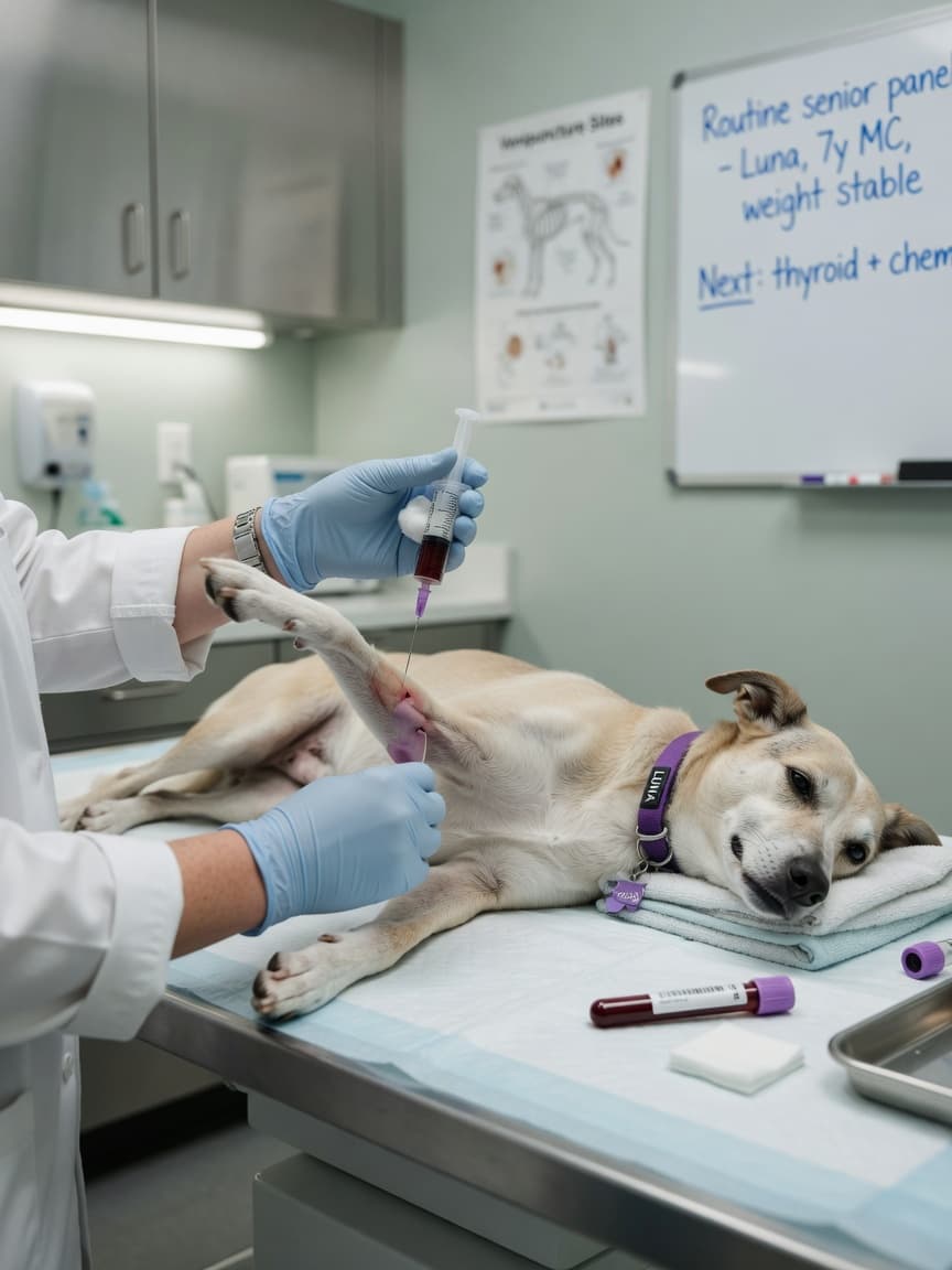 Veterinarian collecting a blood sample from a dog's vein during clinical examination