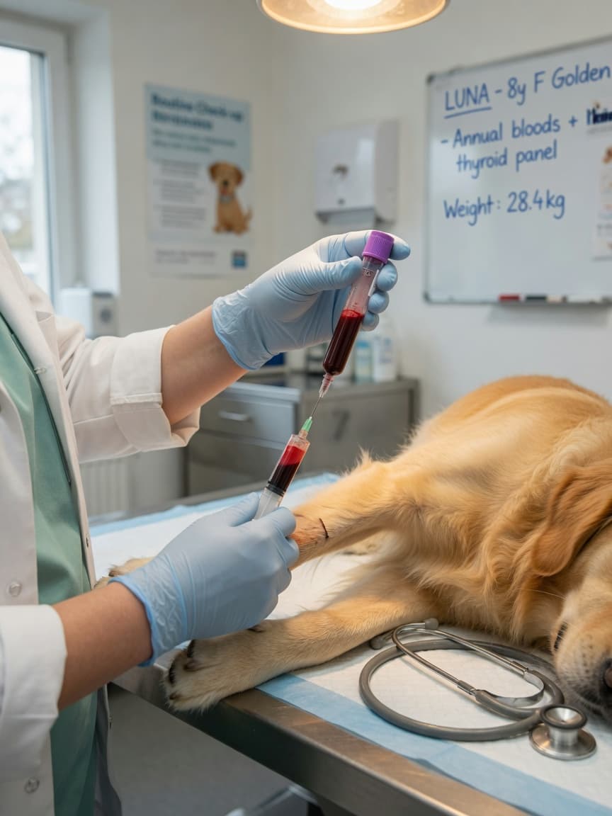 Veterinarian drawing blood from a dog's leg during a clinical blood test procedure